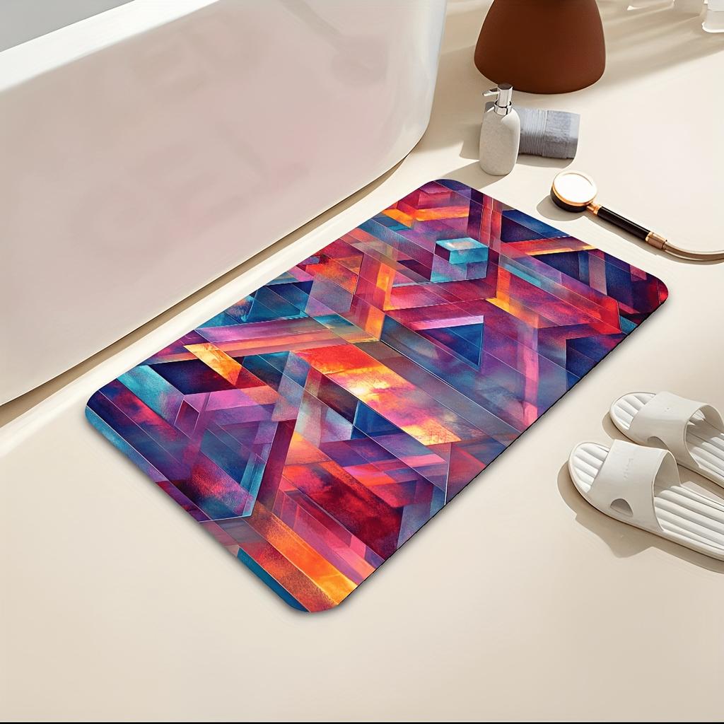 2D Flat, 2D Flat Printing Bath Mat, 1pc Premium Flannel Bath Mat with Abstract Geometric Blue-Purple Pattern, Non-Slip Rug, Suitable for Bathroom, Kit