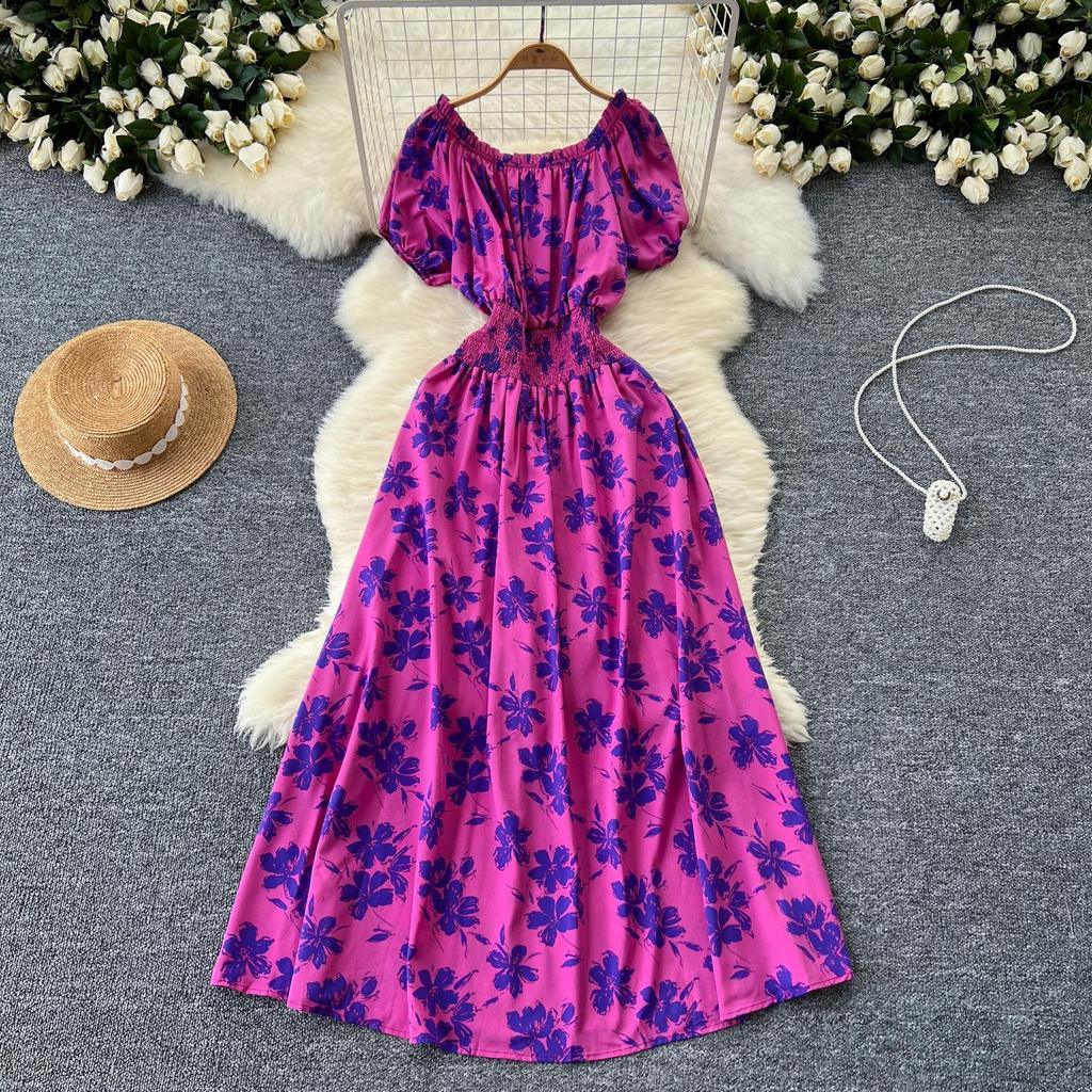 Retro Off Shoulder Dress Puff Sleeve Print Beach Vacation Women Korean Fashion Summer Vestidos Dresses