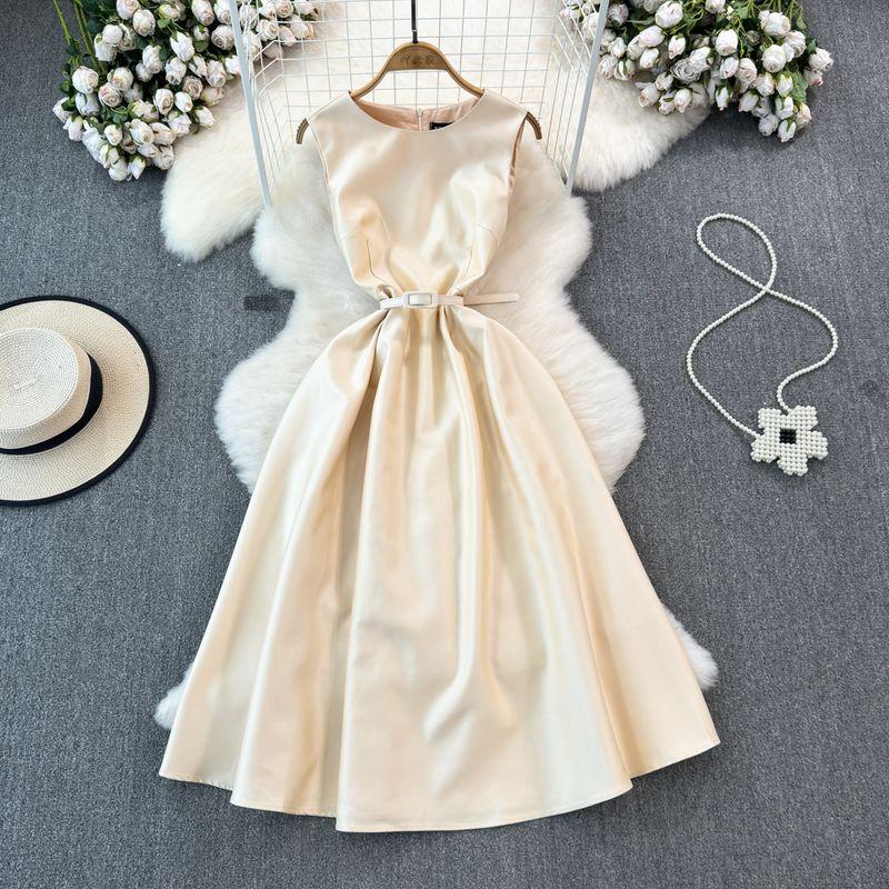 

Accessible Luxury Socialite Waist A- line Glossy Dress Dress Champagne color 2XL