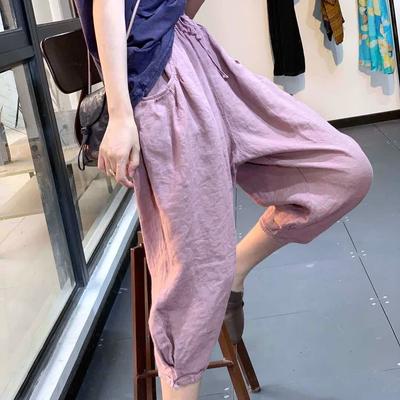 Katoen en Linnen Zomerbos Dames Losse Casual Zevenkwart Broek met Gesp en Elastische Taille Koord Dames Harembroek