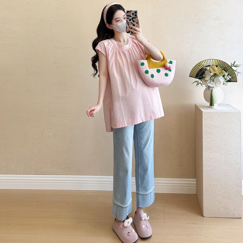 In-Stock Summer Maternity Fashion: Loose Round Neck Vest Top with Split L