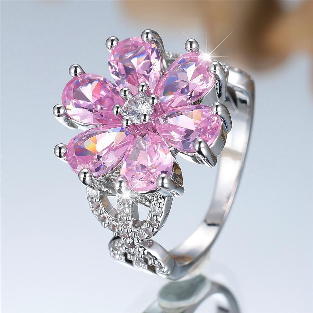 Trendy Pink Zircon Crystal Flower Vintage Silver Color Wedding Bands Engagement Rings For Women Men Minimalist Jewelry
