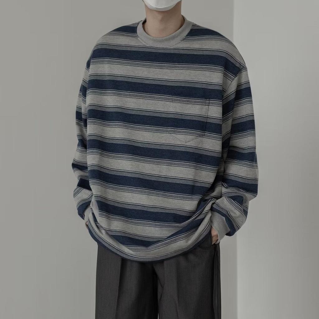 Spring and Autumn New Men's Temperament Casual Round Neck Long-sleeved T-shirt Striped Loose Long-sleeved Sweatshirt Niche Striped Color Matching