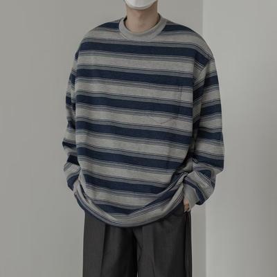 Spring and Autumn New Men's Temperament Casual Round Neck Long-sleeved T-shirt Striped Loose Long-sleeved Sweatshirt Niche Striped Color Matching