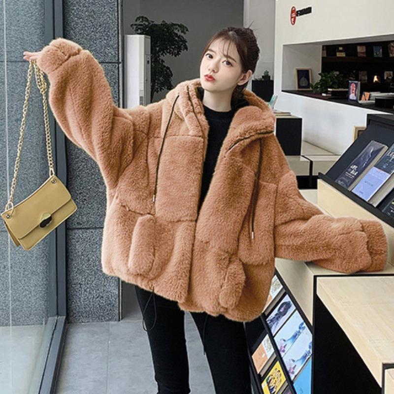 Autumn and winter new imitation fur jacket female Rex rabbit hair imitation fur hooded plush jacket loose warm and fashionable