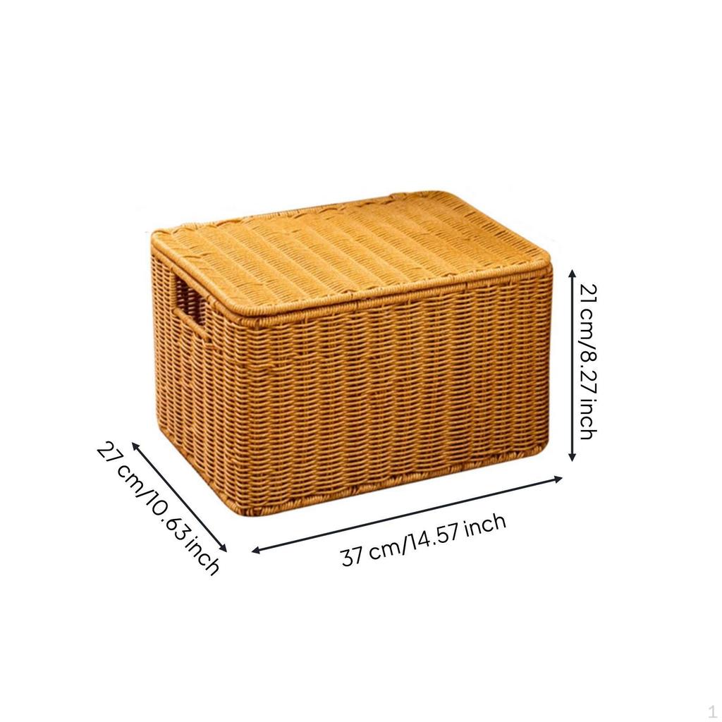 Storage Basket with Lid RattanLook Wicker Rectangular Woven Organizer Handles