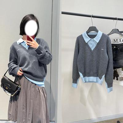 2025 Early Autumn Gray-Blue Color Block Two-Piece Polo Long Sleeve Sweater - Loose, Slimming Fashion Women's Top