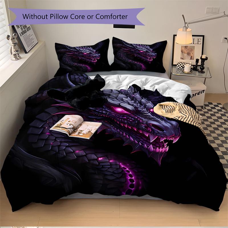 3pcs Fiery Purple Dragon Printed Quilt Set - Includes 1 Quilt Cover and 2 Pillowcases, Machine Washable - Suitable for All Seasons.H035