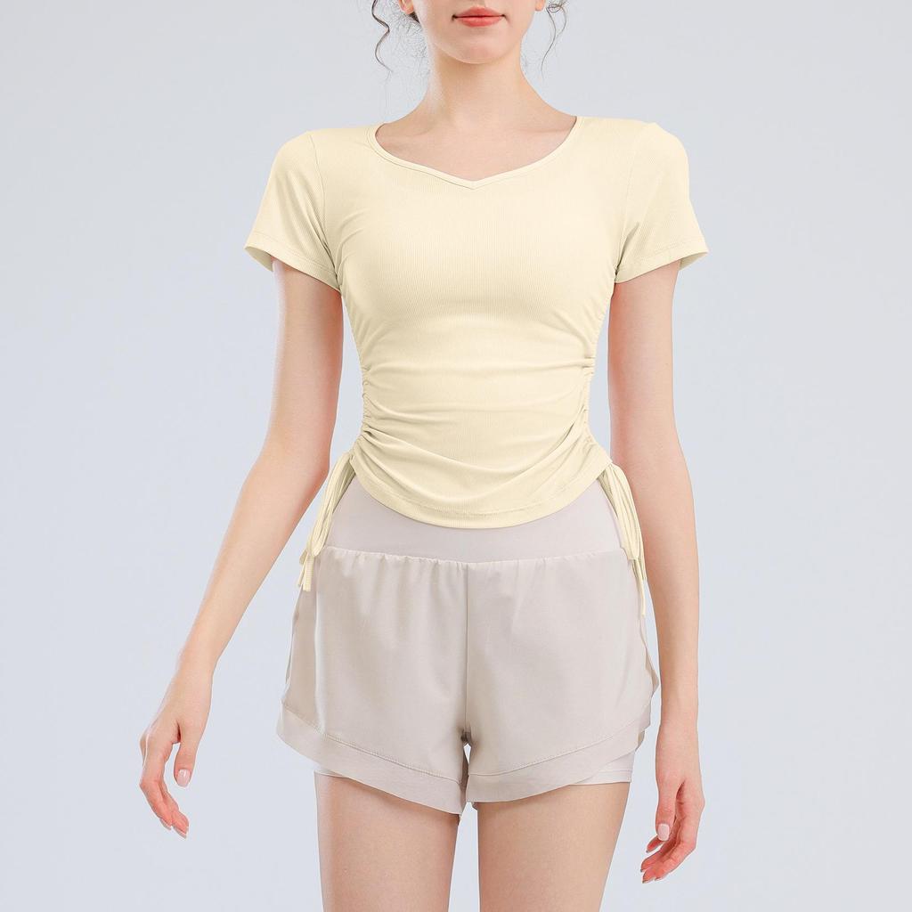 Women's V-Neck Short Sleeve Sports T-Shirt - Solid Color, Breathable, Slimming Fitness Top for Spring/Summer.