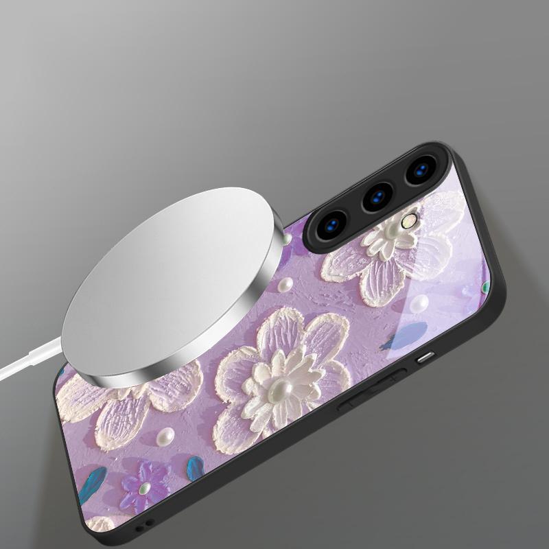 Cream rice white petals suitable for Samsung Galaxy S26 Ultra S20 FE S21 S22+ S23 Plus S24 Ultra 25 Edge black Glass Phone Casee