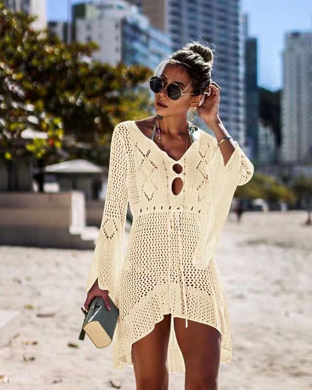 Hollowed-Out Knit Bikini Women Crochet Knitted Cover Up Dress Beach Tunic Long Bikini Cover Bathing Suit Beachwear