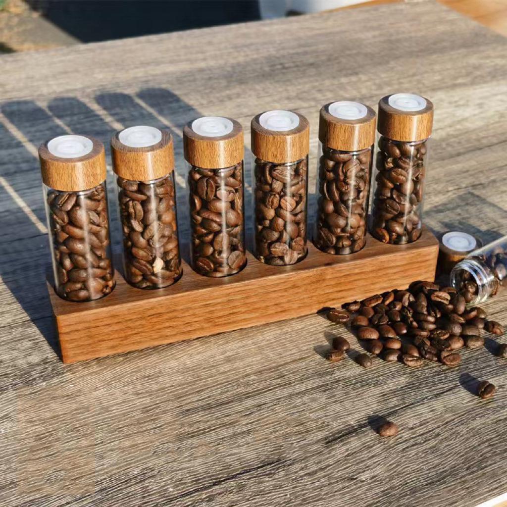 Wooden Coffee Beans Flower Tea Display Rack Stand Glass Test Tube Sealed Storage Cereals canister