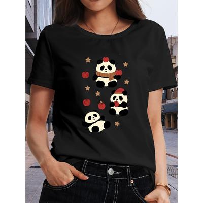 Damen-T-Shirt mit "Apple Panda"-Aufdruck | Lässig, Kurzärmelig, Weich und Atmungsaktiv, Moderate Elastizität, Maschinenwaschbar, Rundhals-Oberteil