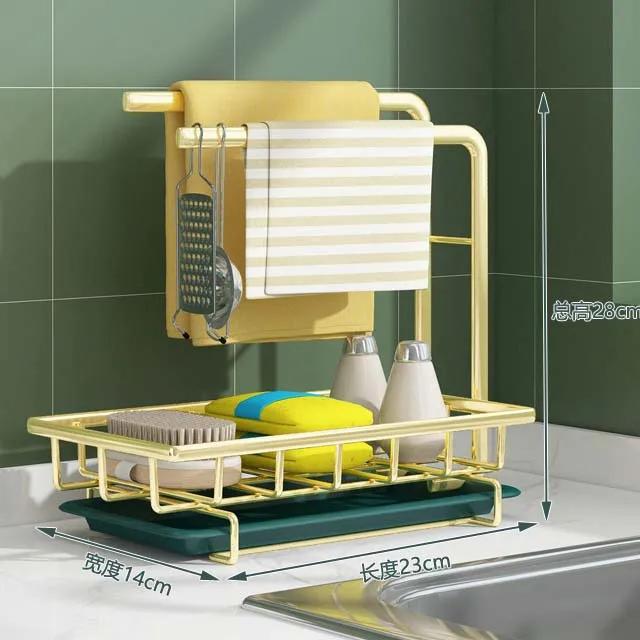 Sponge Holder Kitchen Sink Organizer with Towel Rack Drain Pan Wall Mounted&Desktop Dish Drainer Soap Dish Rack Drainer Sink