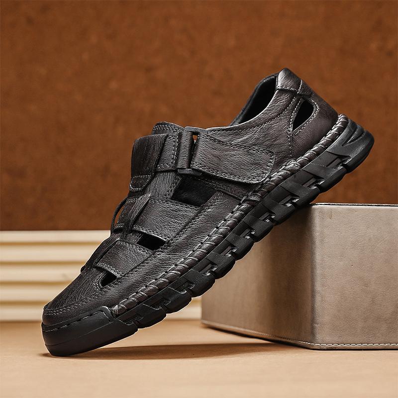 Mens Closed Toe Sandals Large Size Genuine Leather Casual Hiking Sandals Hand Sewn Outdoor Comfortable