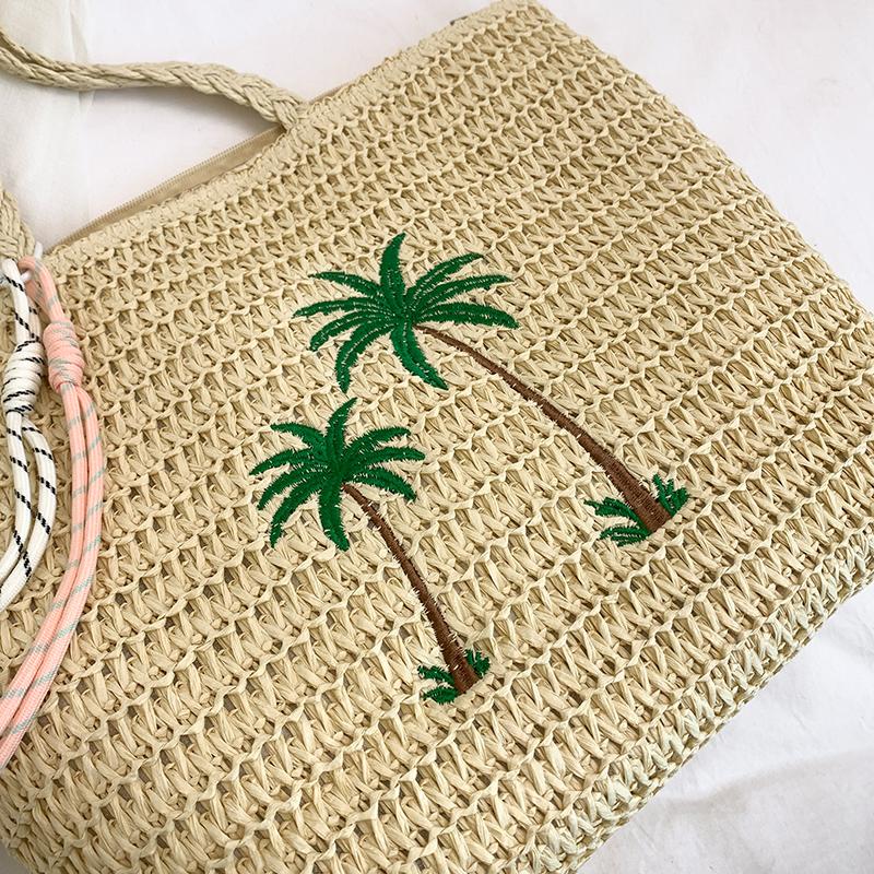 Summer Beach Straw Bag with Palm Tree Embroidery, Large Woven Tote for Women, Casual Shoulder Handbag for Vacati