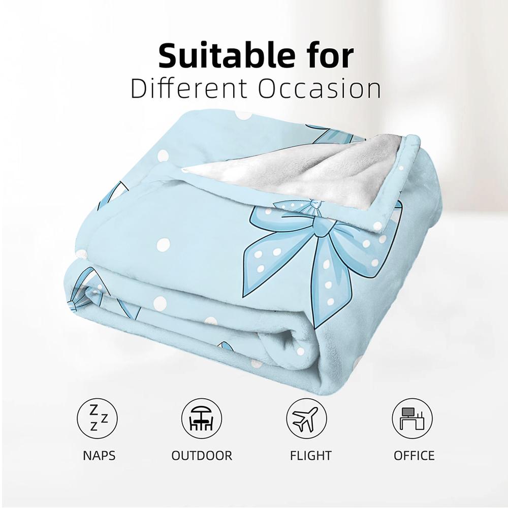 Light Blue Polka Dot Bow Soft Flannel Blanket Breathable Warm Throw for Office Car Sofa Kids Room Birthday Xmas Gift