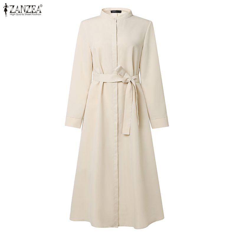 ZANZEA Women Stand Collar Loose Casual Long Sleeve Dress