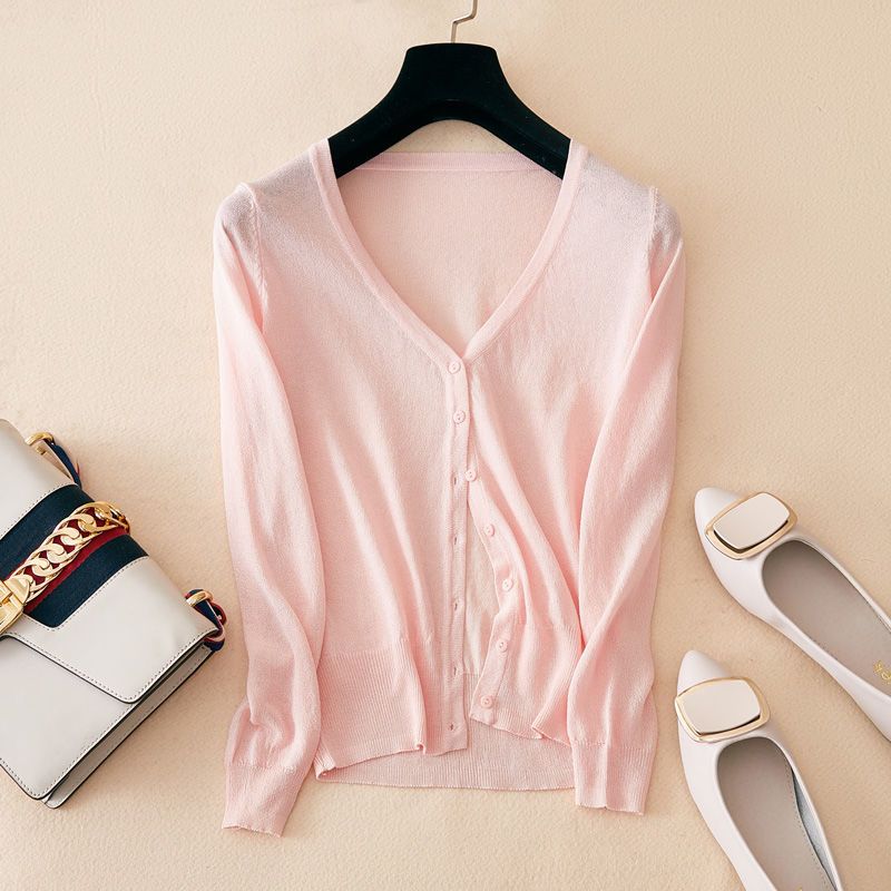 Eis Seide Dünn Gestrickt Damen Cardigan Frühling Sommer Koreanischer Stil V-Ausschnitt Locker Alles Passend Einreihig Sonnenschutz Oberbekleidung