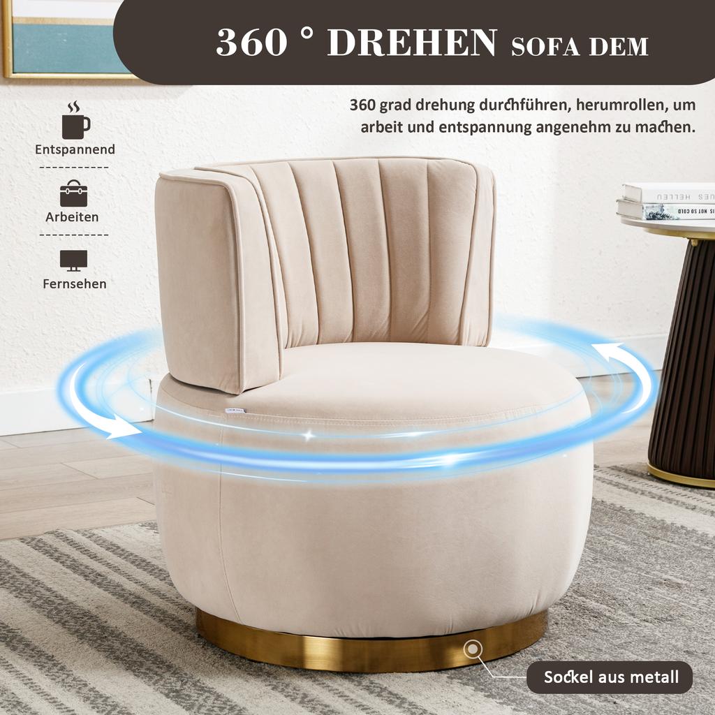 Silla Giratoria Moderna de 360 Grados, Acabado Suave de Terciopelo, Respaldo, Estructura Estable, Sillas Tipo Barril, Adecuada para Sala de Estar Dormitorio Estudio, Beige