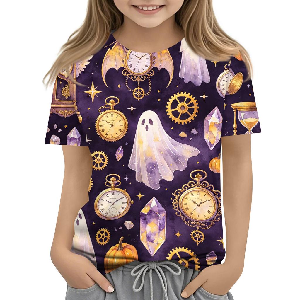 Kids Halloween Printed Short Sleeve T Shirt Casual Round Neck Tee Top Boys Girls Comfortable Fit Soft Fabric