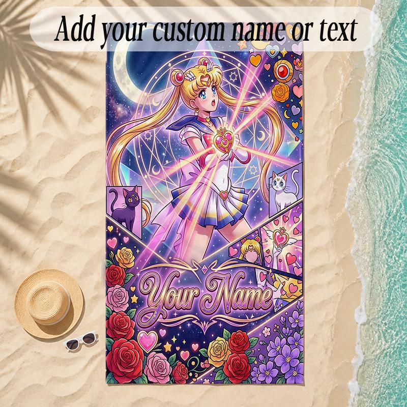 Beach TowelSailor Moon Custom Name Text Personalized Soft Towel for Beach Pool Indoor Home Decor Gift
