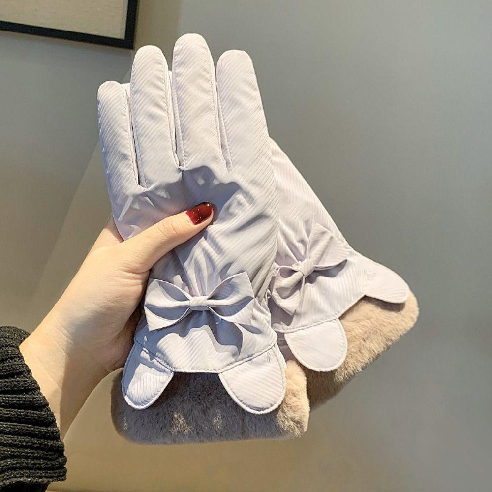 Soft Plush Thickened Gloves  Satin Windproof Gloves Gift Bow Anti-cold Mittens  Daily