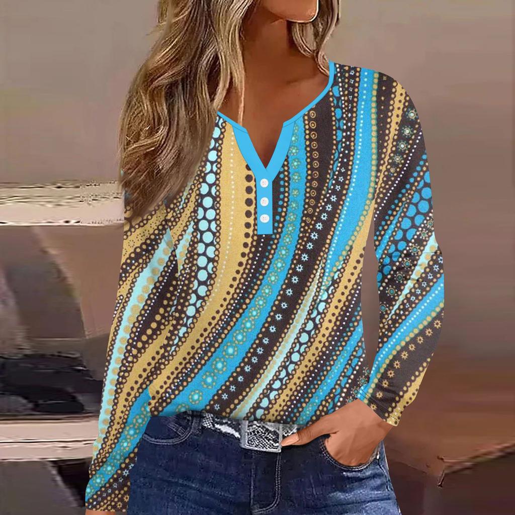 Women's Fashion Casual Printed V-Neck Long Sleeve Decorative Button T-Shirt Top