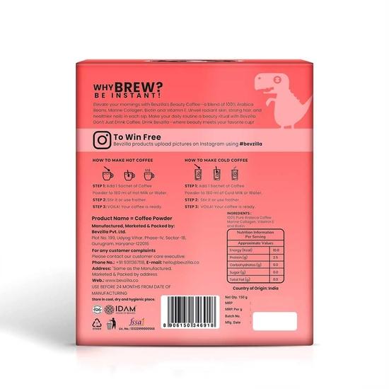 Bevzilla 30 Instant Beauty Coffee Infused with Marine Collagen, Biotin & Vitamin E Powder Sachets (30 X 5 Gram Sachets) Arabica Coffee