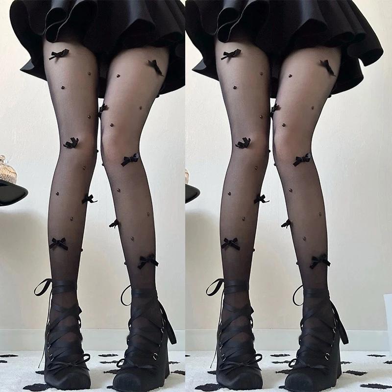 1/2Pairs Sexy Bow Lace Tights Women Bowknot Pearl Hollow Mesh Fishnet Thigh High Stockings Jk Lolita Sweet Girls Tight Pantyhose