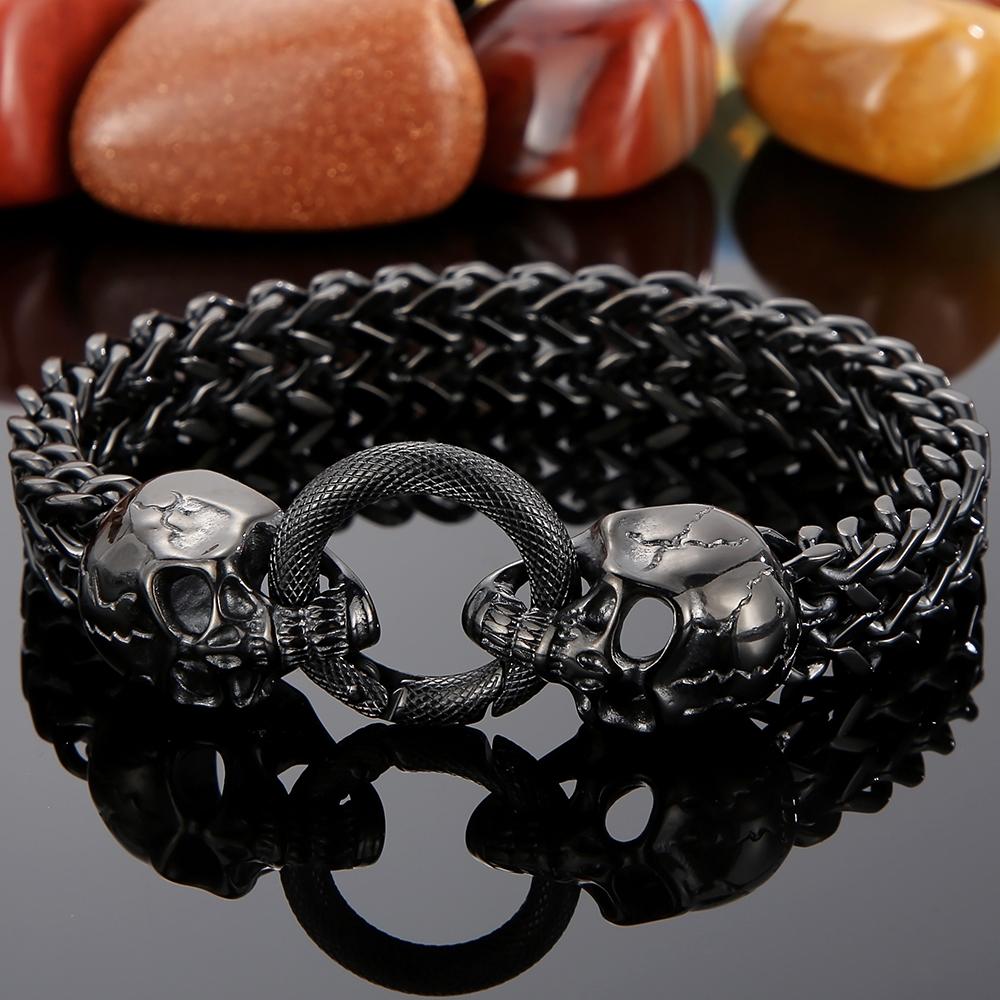 Punk Rock Double Skull Head Face Design Men's Bracelet 11MM Width Stainless Steel Square Franco Link Chain Skeleton Jewelry Male