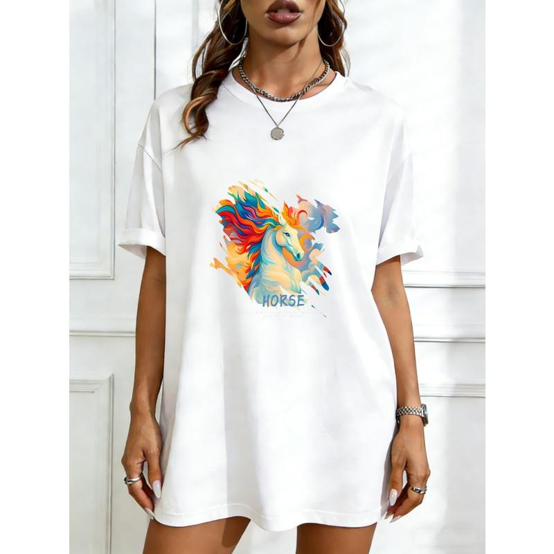 Oversized T Shirt Dress Black Colorful Horse Print With Text For Casual Wear XXXXL белый