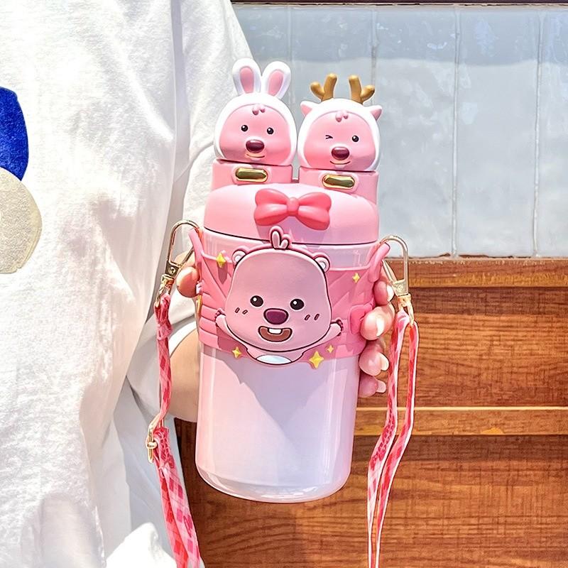 Kuromi Loppy Childrens 550ml Foodgrade Stainless Steel Insulated Cup With Straw For School Loppy Ruby