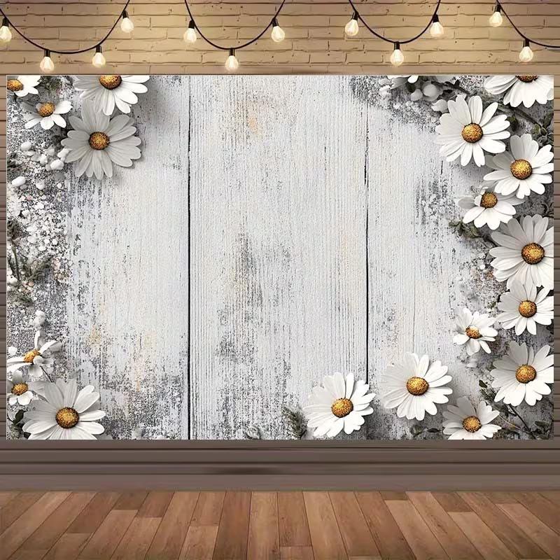 

2D Flat Daisy Backdrop Rustic White Wooden Wall Photo Background 47.2x31.5inch/120*80cm