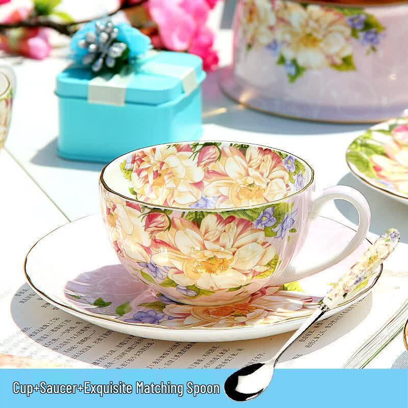 Qiwei European Bone China Gold Floral Coffee & Tea Cup and Saucer Set