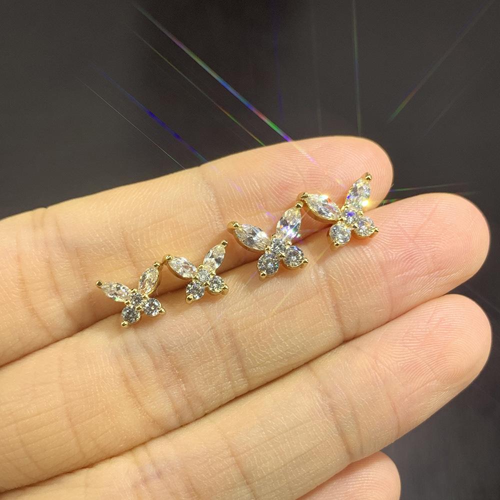 Gold Color Butterfly Stud Earrings For Women Korean Dainty Cubic Zirconia Piercing Lobe Ear Accessories Girls Jewelry Gifts E404