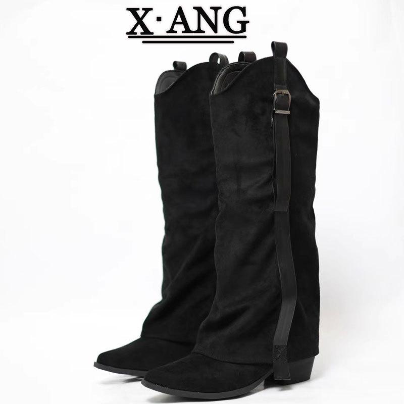 Cow Velvet Pointed Thick Heel Thin Trouser Boots Brown Knight Boots Knee High Boots Long Boots Western Cowboy Boots