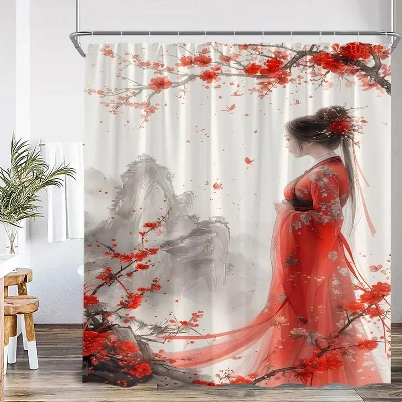 Ink Painting Shower Curtain Chinese Asian Style Cherry Blossom Japanese Woman Classical Bathroom Decor Polyester Bath Curtain