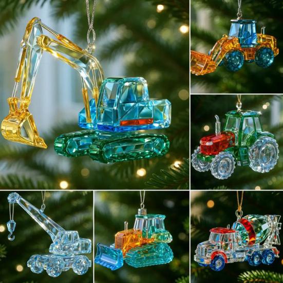 Faux Crystal Construction Truck Ornament Christmas Tree Colorful 2D Flat Acrylic Construction Vehicle Hanging Decoration Pendant