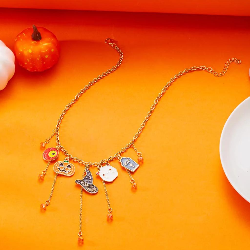 Halloween Retro Charm Necklace For Women Pumpkin Witch Hat Bat Spider Crystal Beads Pendant Choker Party Festival Jewelry Gift
