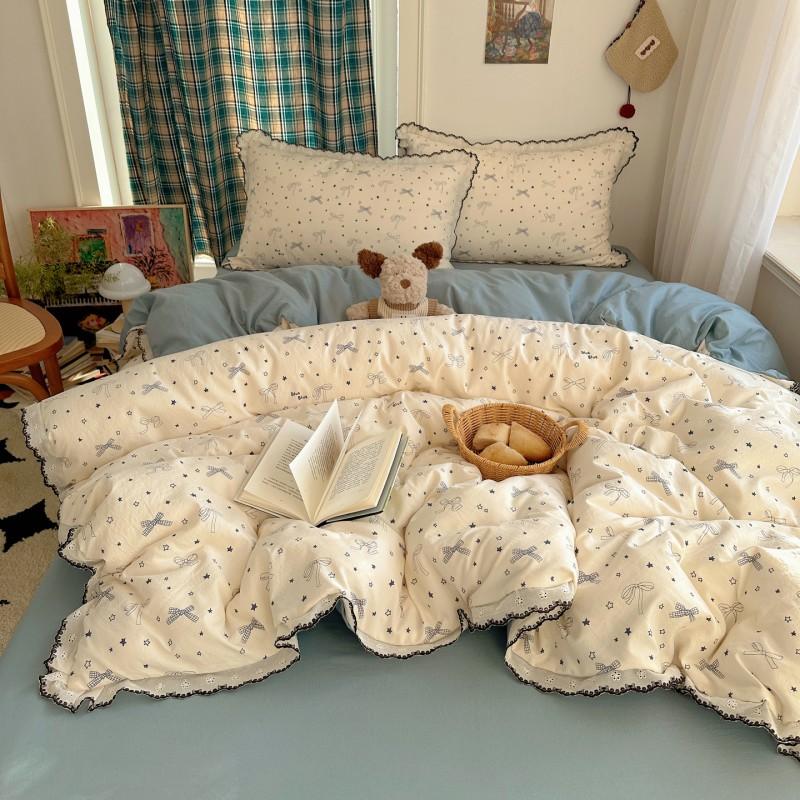 Soft Cotton Bedding Set With Lace Trim Floral Print French Style Queen King Twin Size 4 Piece
