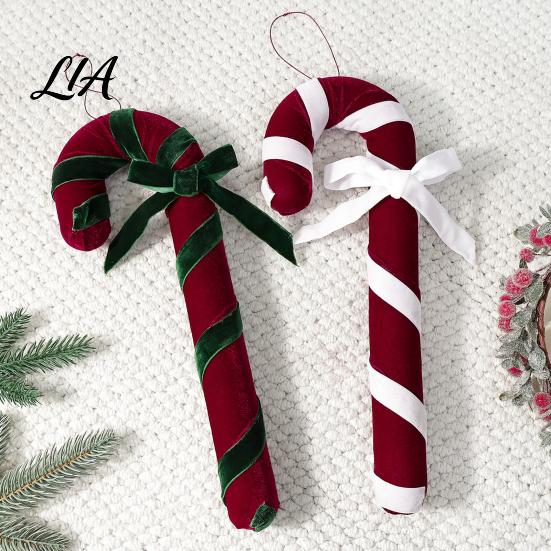 Retro Holiday Ornaments Velvet Christmas Candy Cane Ornament, Fabric Decoration with Soft Lightweight Tree Bow, Xmas Hanging Decor Pendant for