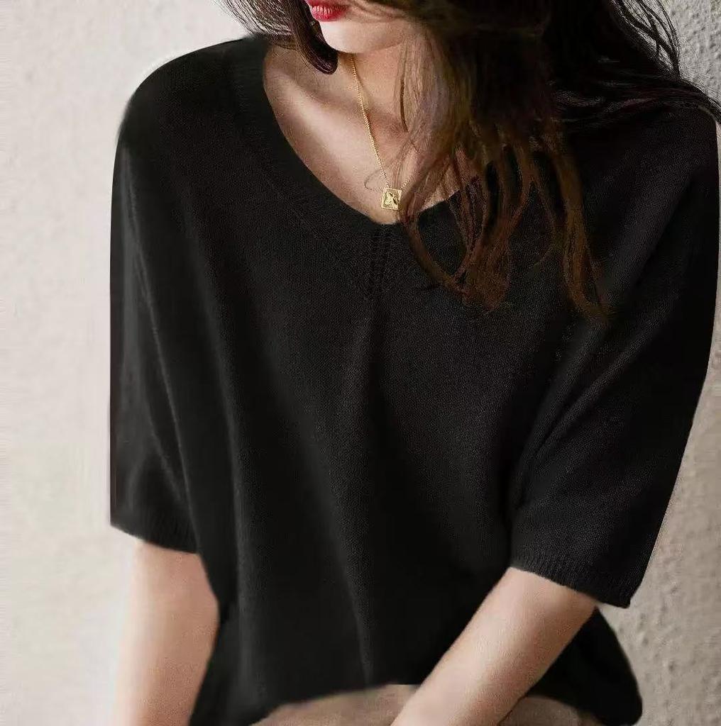 Übergröße Weiches Temperament Modisch und Elegant V-Ausschnitt Einfarbig Strickware Locker Oberbekleidung T-Shirt Tops