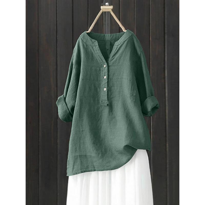 2025 Women's Solid Color Stand Collar Button Long Sleeve Cotton Linen Top