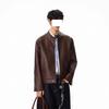 Men's High-End Black Leather Motorcycle Jacket with Shoulder Pads and Stand Collar