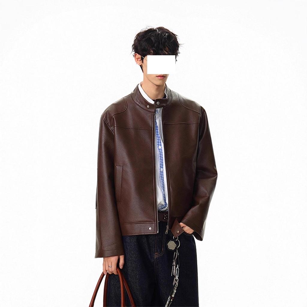 Men's High-End Black Leather Motorcycle Jacket with Shoulder Pads and Stand Collar