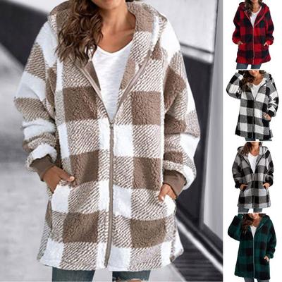 Women Coat Plaid Zipper Hooded Loose Pockets Cardigan Jacket Autumn Winter Thick Plush Overcoat Streetwear