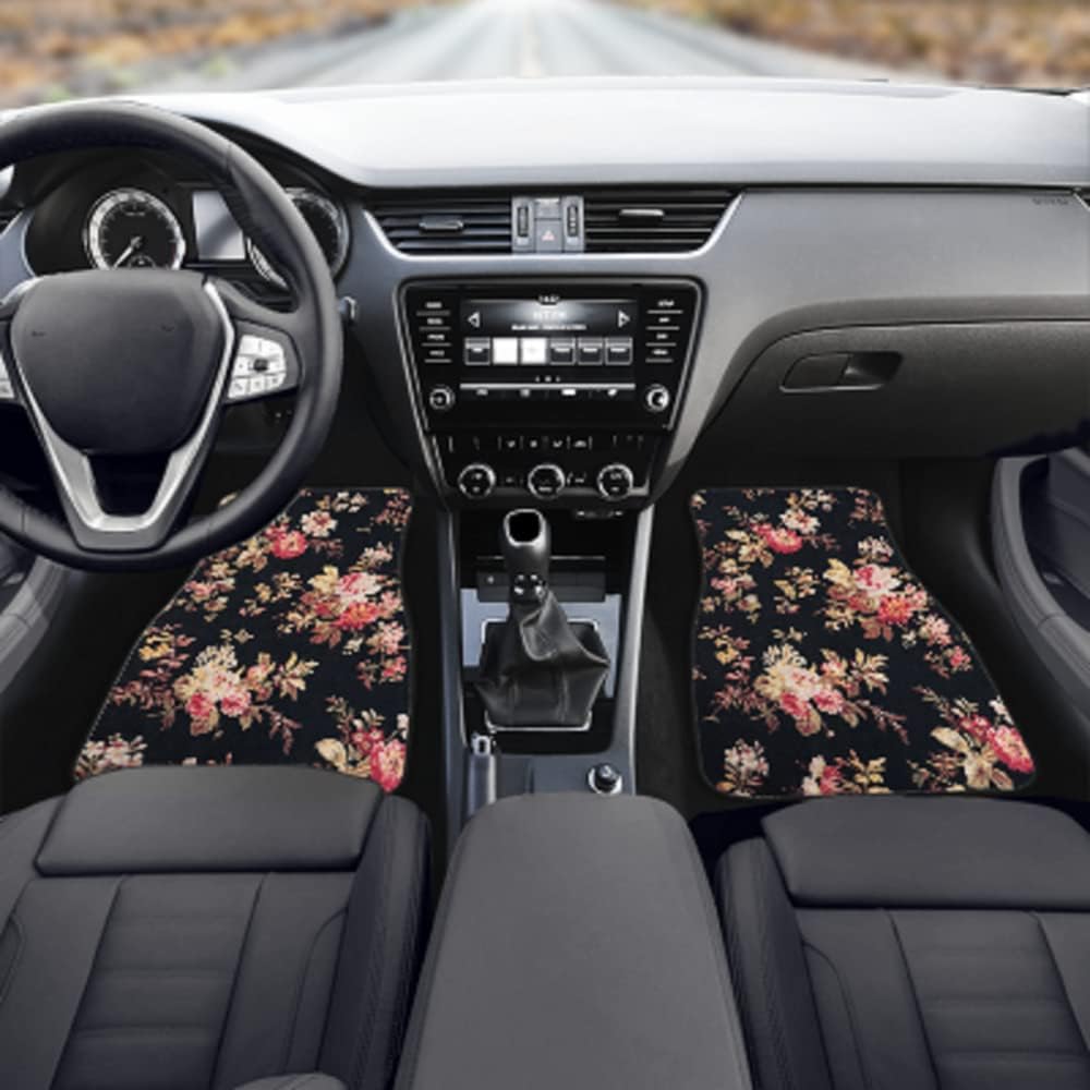 Art Flowers Pattern Car Floor Mats Front Rear Premium Carpets Mat, Set of 4 Floral Auto Foot Mats Universal Fit Vehicles,Women