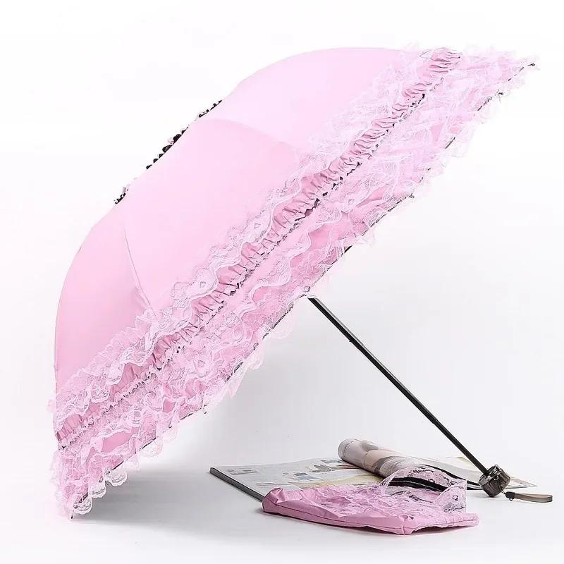 Vintage Blonde Blonder Parasoll Sammenleggbar Gotisk Lolita Paraply Dame Regn Anti-uv Beskyttelse Paraply Kuppel Rekvisitter Parasoll Paraply Dame