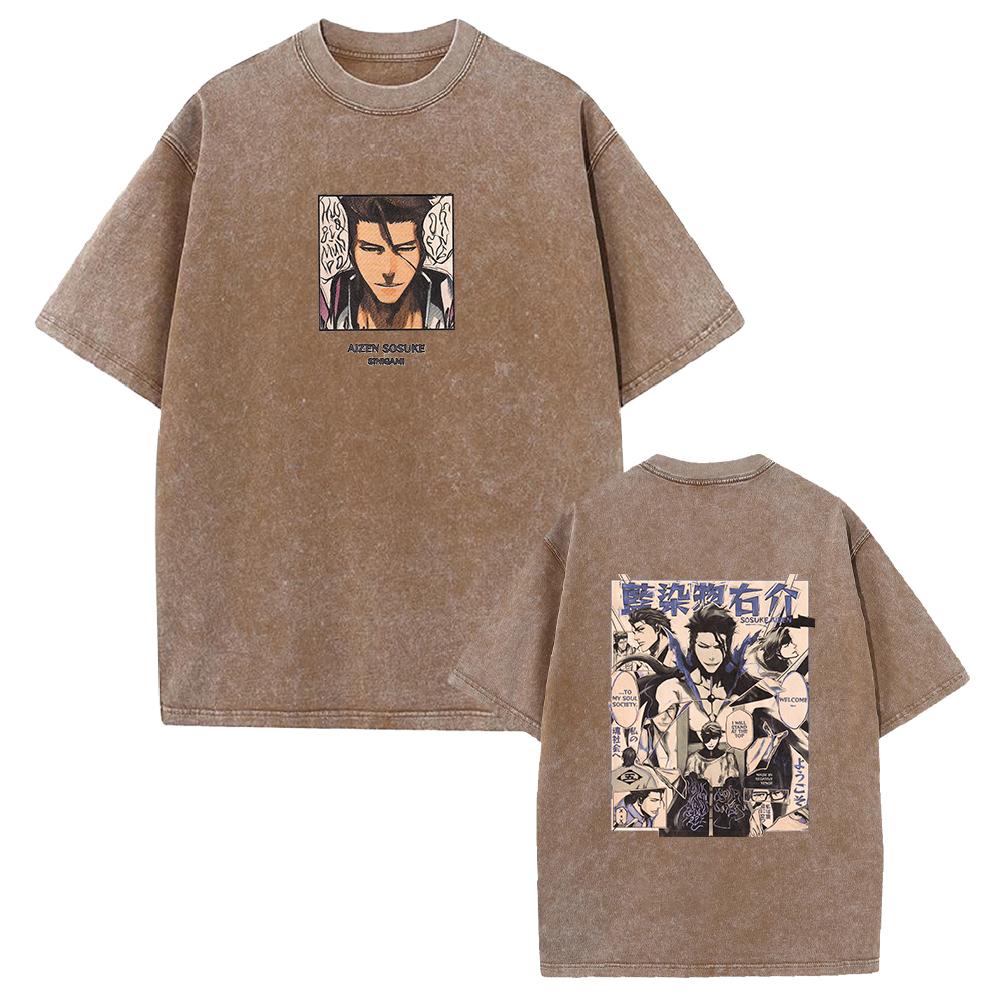 BLEACH Aizen Sousuke T Shirt Vintage Trendy Washed Tshirt Men Unisex Clothing Summer Short Sleeve Oversized Cotton Streetwear